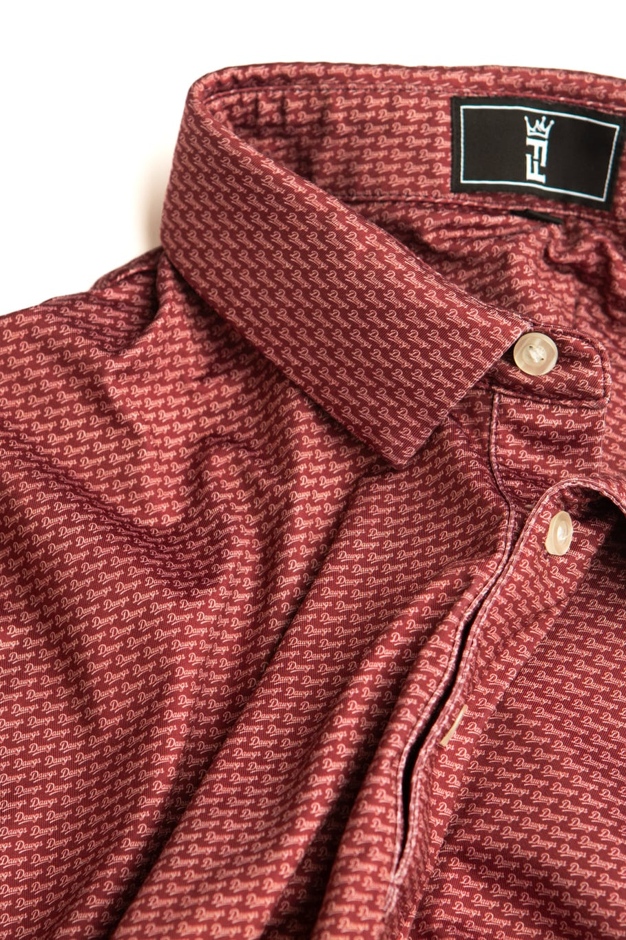 Maroon Script polo by Fore Horsemen, collar