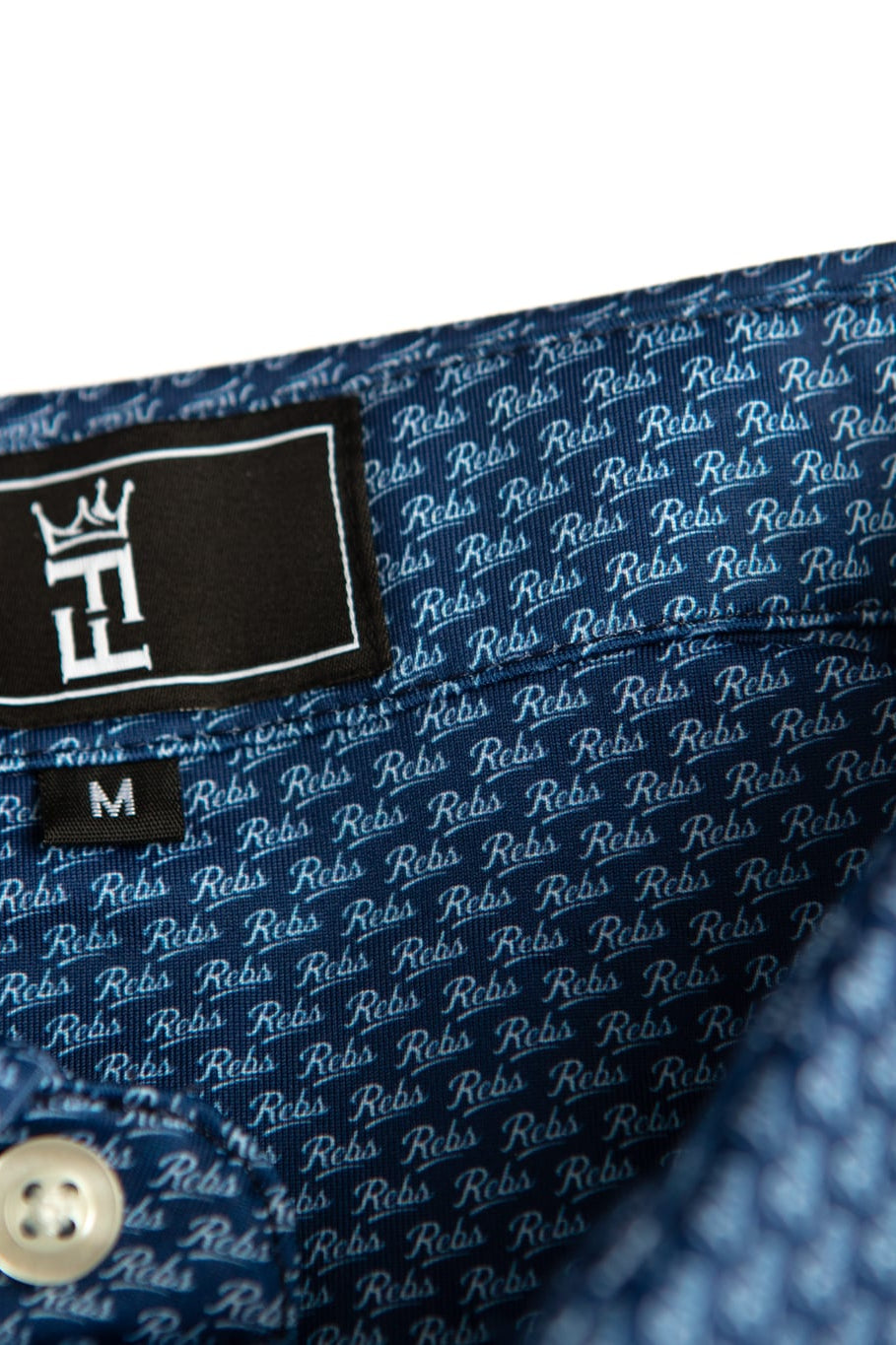 Navy Script polo by Fore Horsemen, script print and label