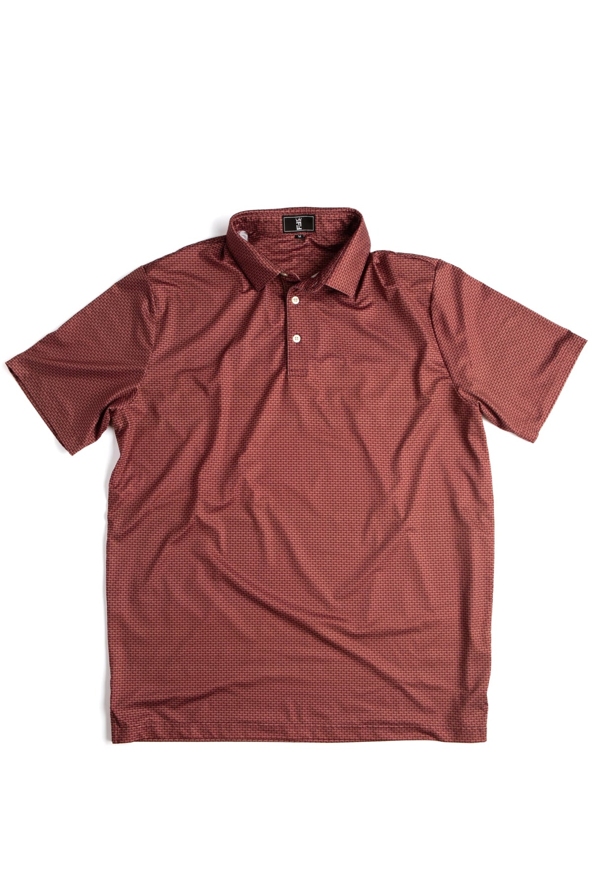 Maroon Script polo by Fore Horsemen, flat lay