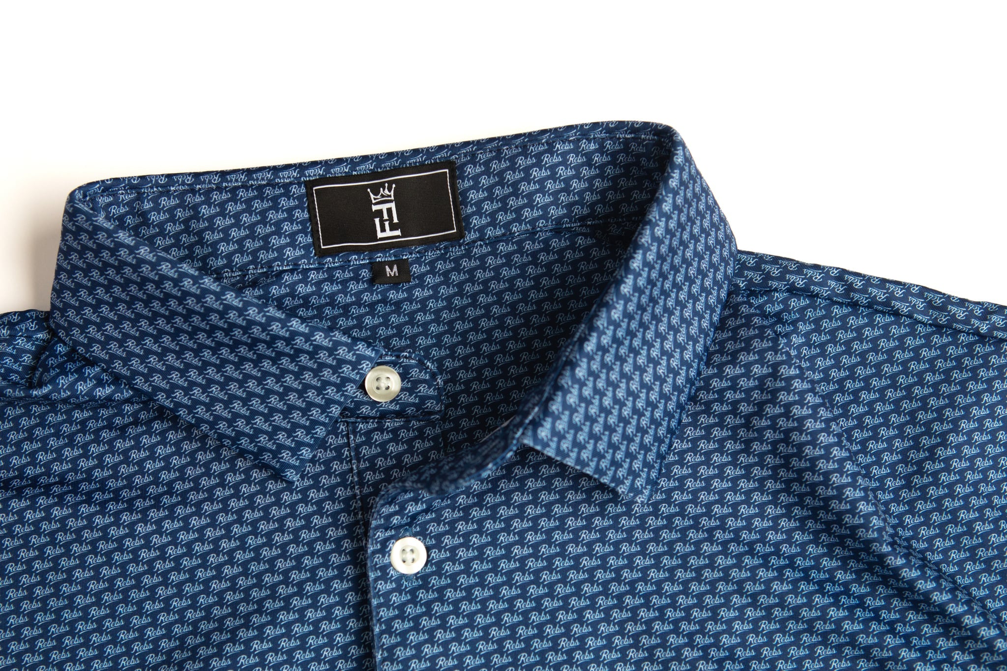 Navy Script polo by Fore Horsemen, collar