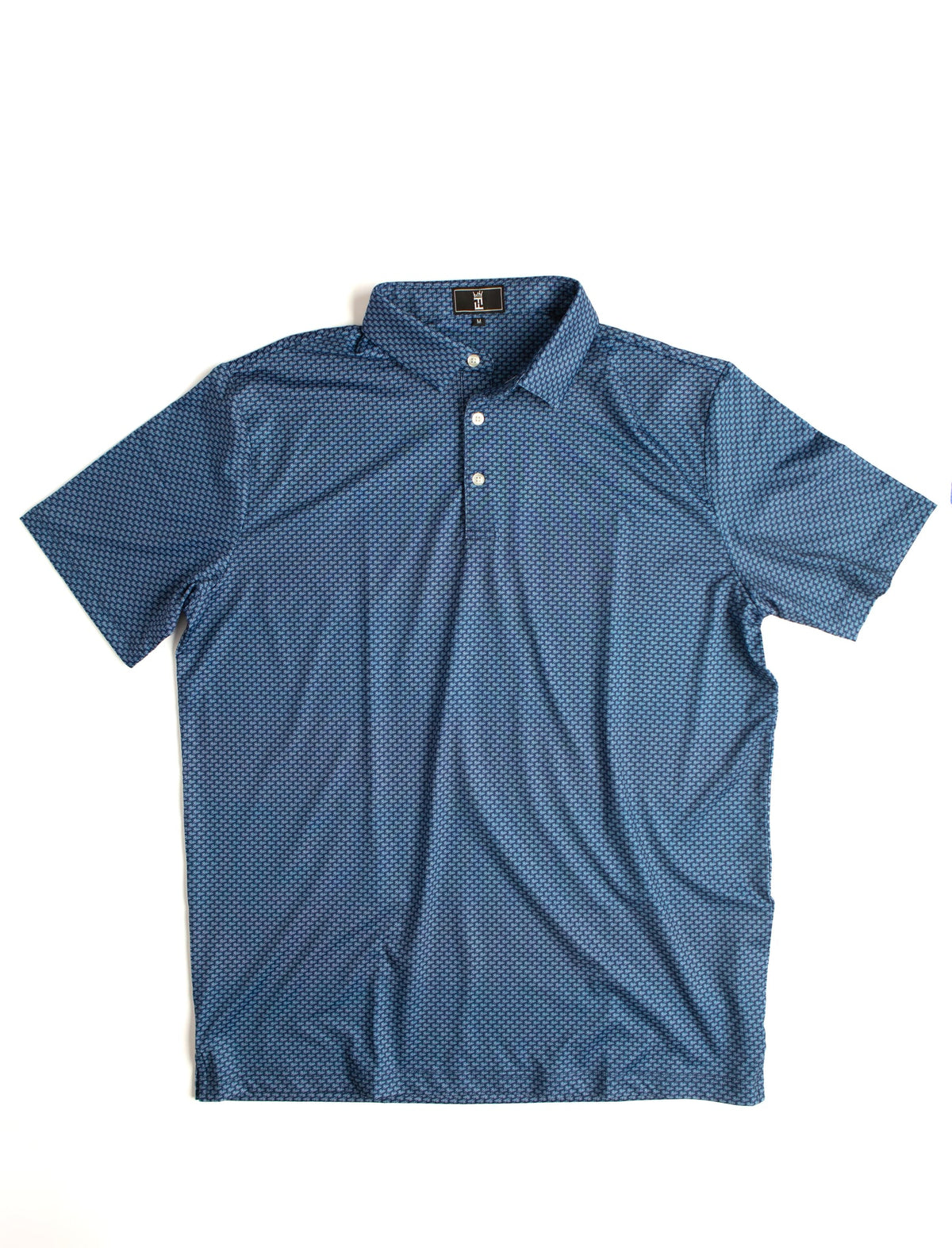 Navy Script polo by Fore Horsemen, flat lay