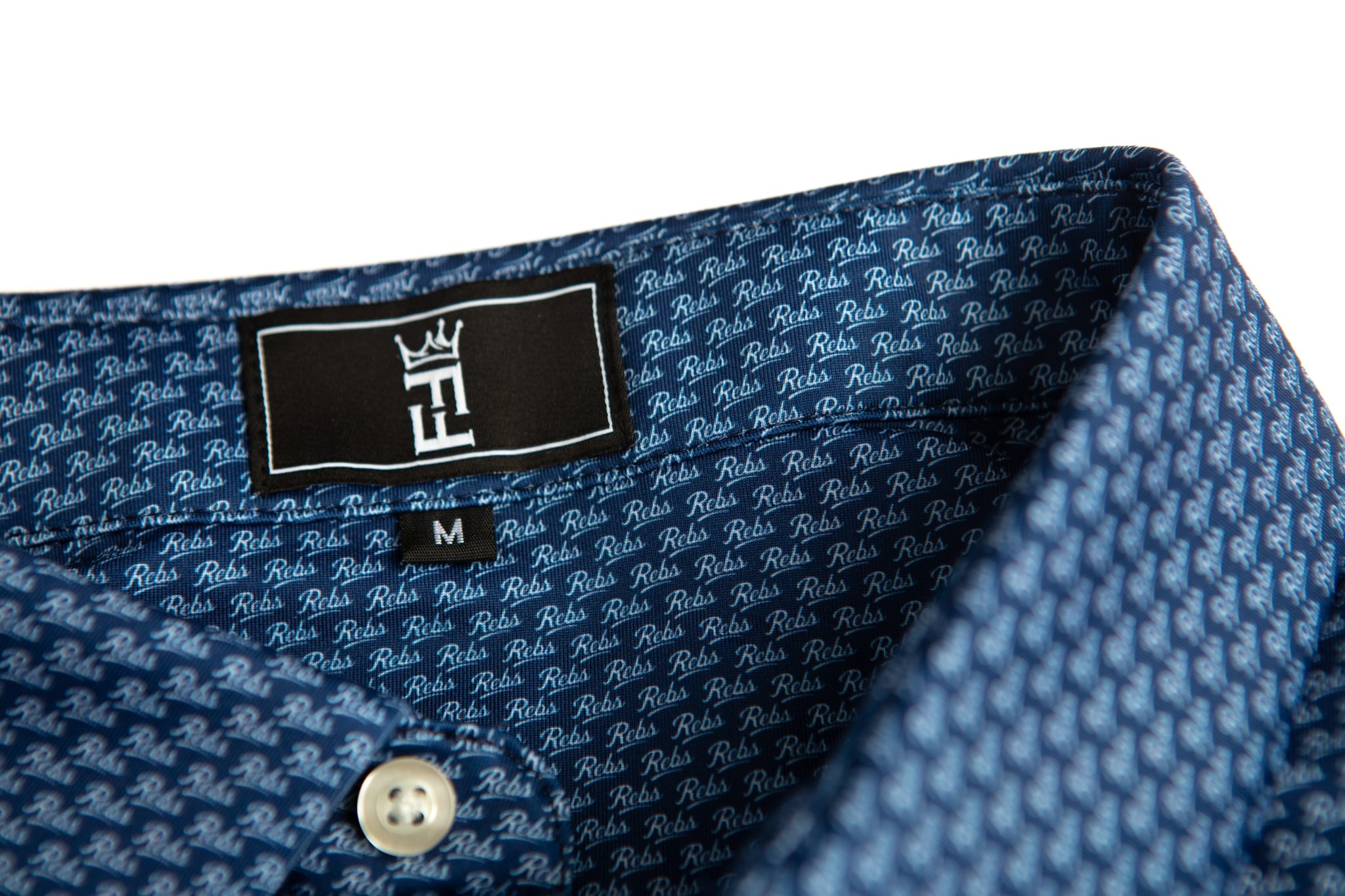 Navy Script polo by Fore Horsemen, script print and label