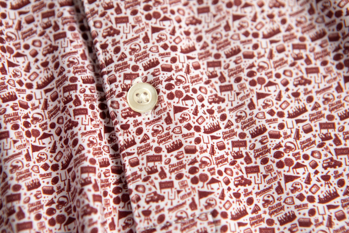 The Tailgater polo by Fore Horsemen, gameday print close-up